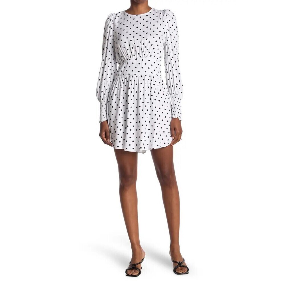 AFRM Long Sleeve Cutout Smocked Mini Dress White/Black Polka Dot Print Size XS
